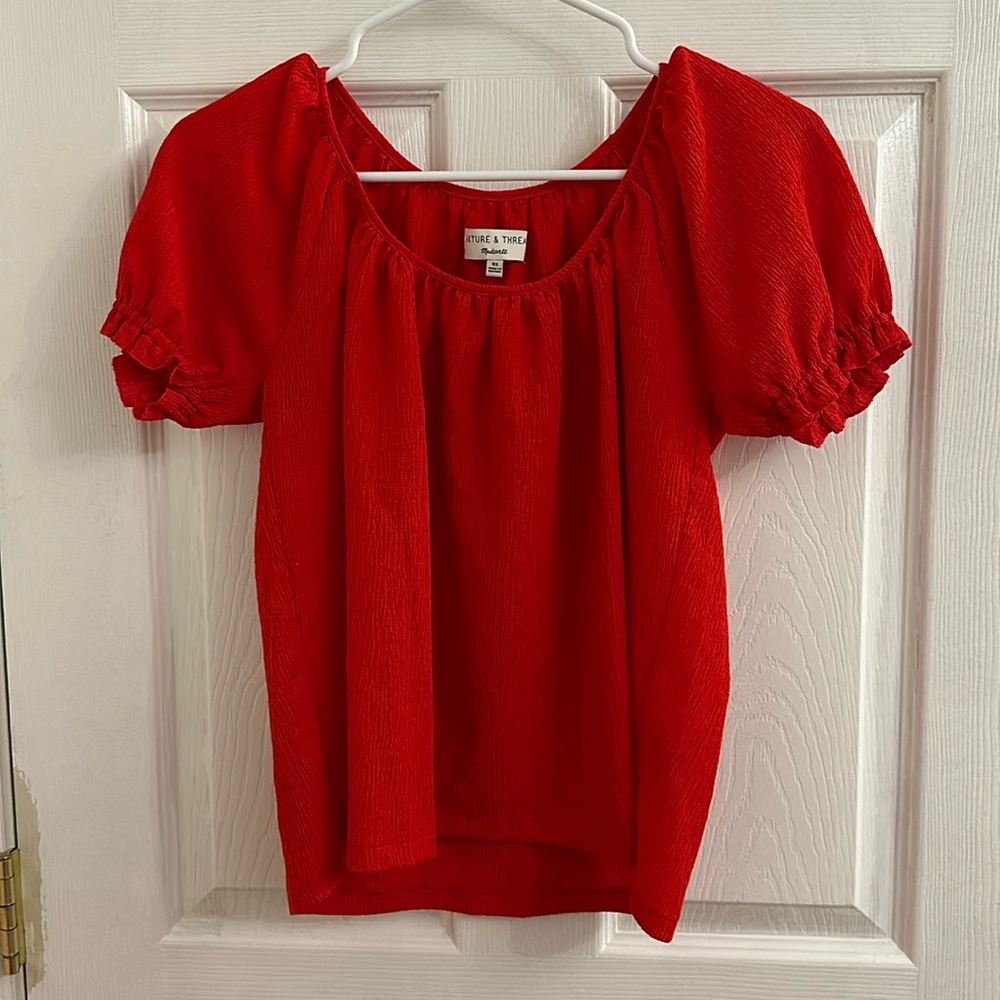 Red Madewell Texture & Thread Crinkle Puff Sleeve Blouse XS